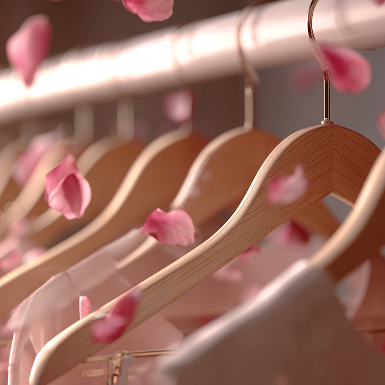 Wooden hangers with pink clothing on a rack with pink petals falling.